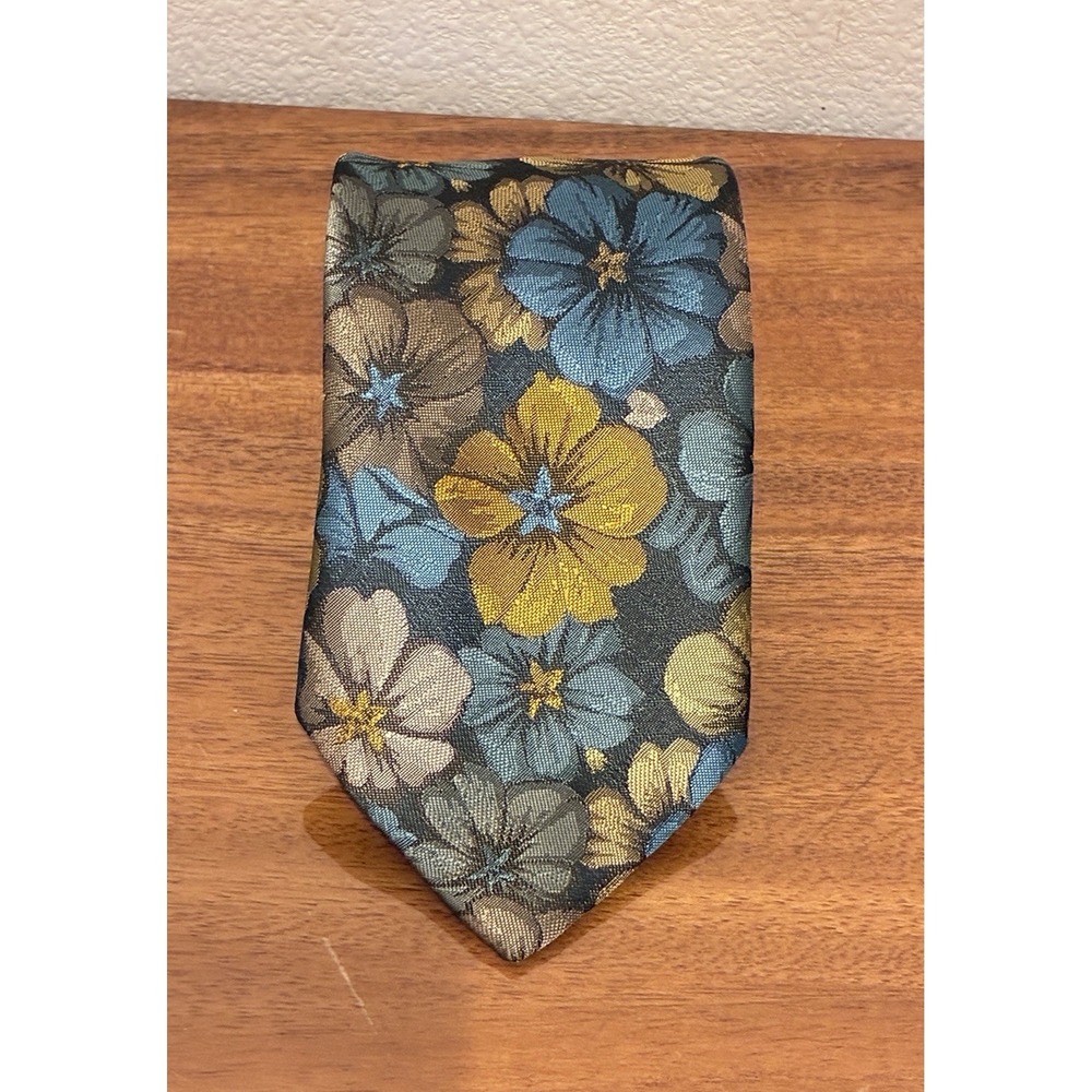 Vtg 60s/70s Heritage Made in St. Britain Floral Silk Tie Teal Gold ‎ Mad Men Mod